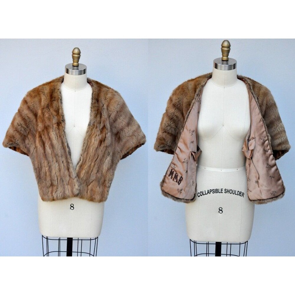 Vintage Rabbit Fur Stole Cape Capelet Wrap Shawl - 40s 50s Pin Up Rockabilly